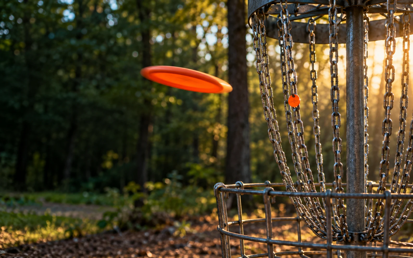 Cakram mendekati basket disc golf dengan titik bidik oranye