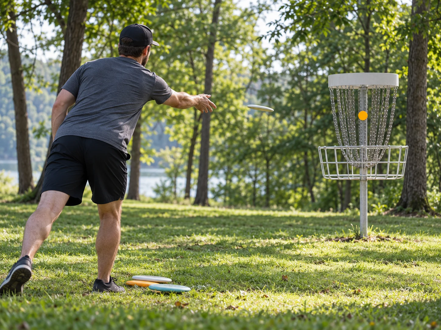 Pemain berlatih putting menuju basket disc golf